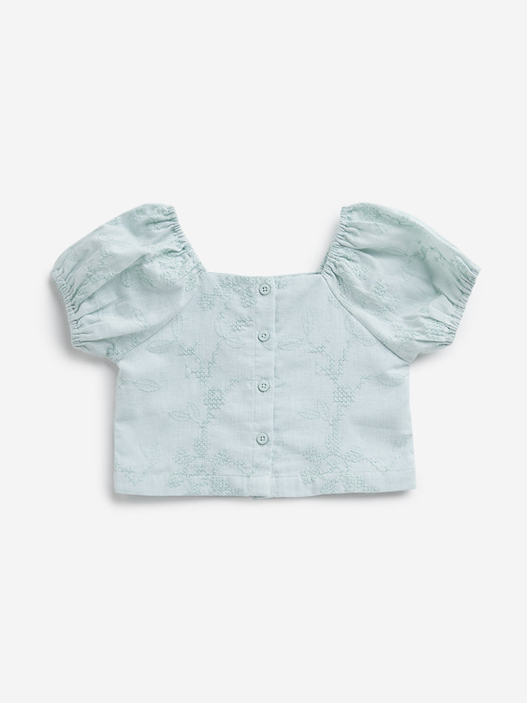 HOP Kids Mint Leaf Embroidered Cotton Blend Top