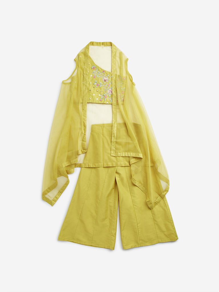 Utsa Kids Yellow Floral Embroidered Top with Palazzos and Shrug Set - (2 -8yrs)