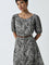 Utsa Charcoal Floral Printed A-Line Cotton Dress with Belt