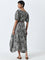 Utsa Charcoal Floral Printed A-Line Cotton Dress with Belt