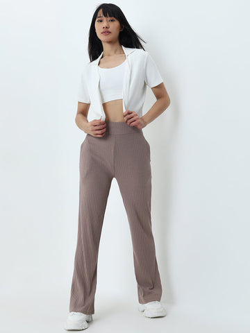 Studiofit Light Brown Ribbed High-Rise Track Pants