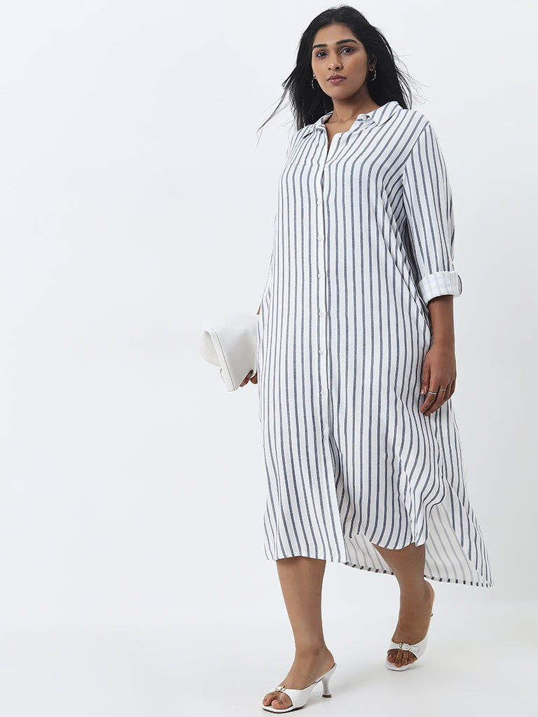 Gia Blue Stripe Patterned Cotton Shirt Dress