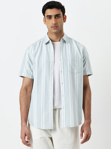 WES Casuals Light Teal Striped Relaxed-Fit Cotton Shirt