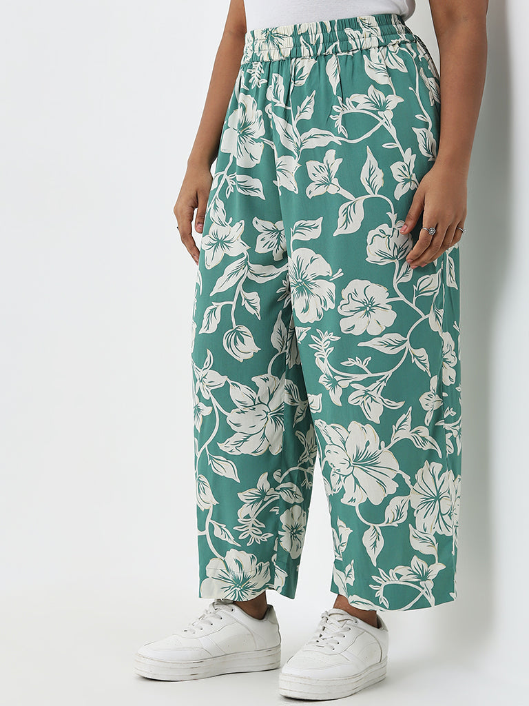 Diza Jade Green Floral Design Mid-Rise Cotton Ethnic Pants