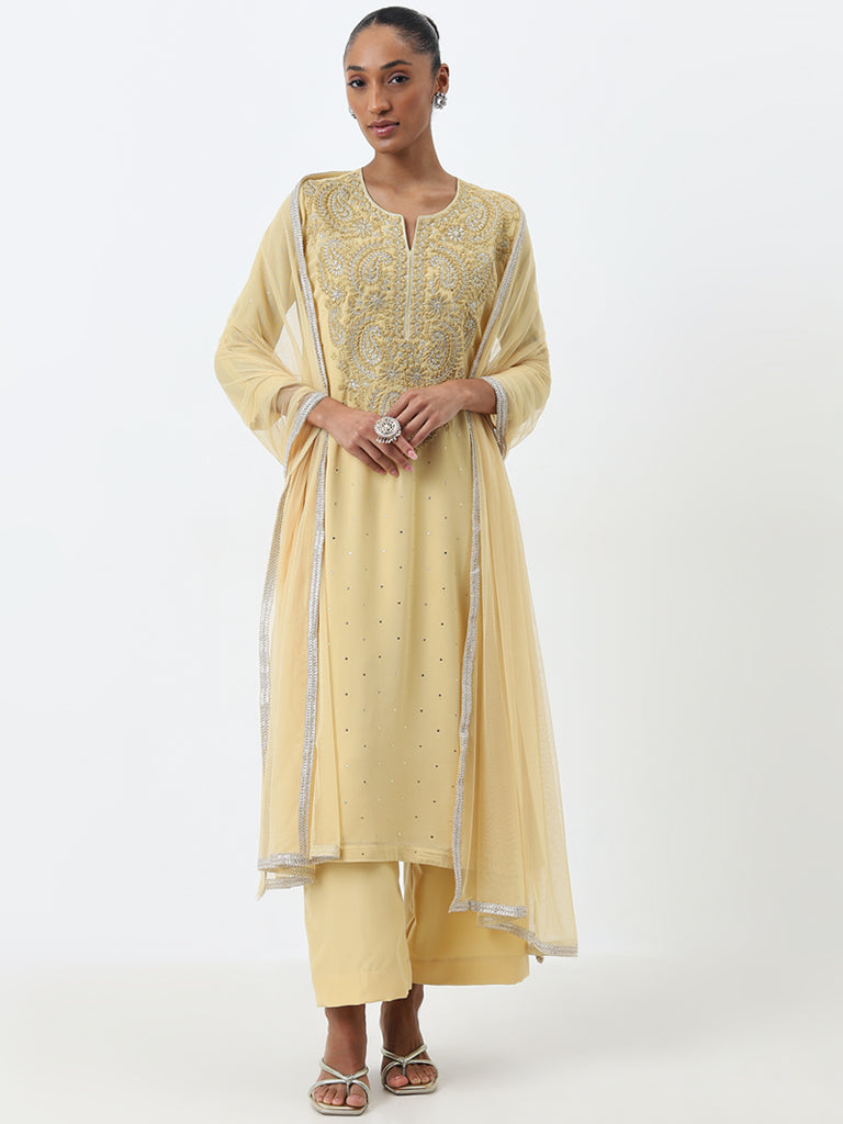 Vark Light Yellow A-Line Kurta, Pants and Dupatta Set