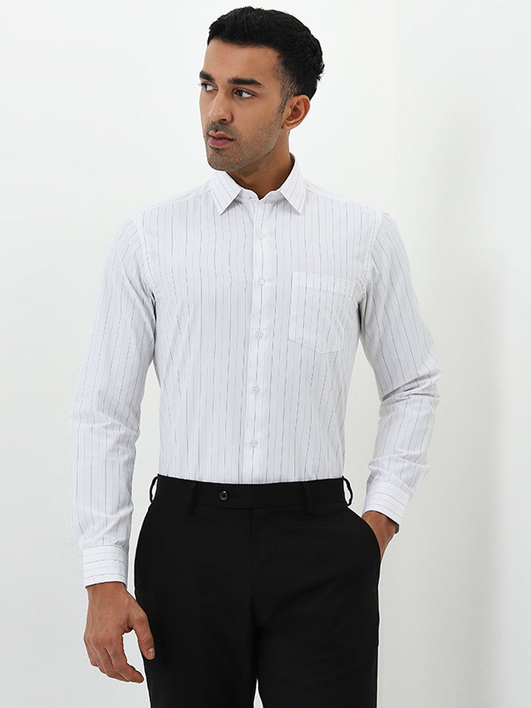 WES Formals White Pinstriped Slim-Fit Shirt