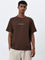 Studiofit Dark Brown Text Design Relaxed-Fit Cotton T-Shirt