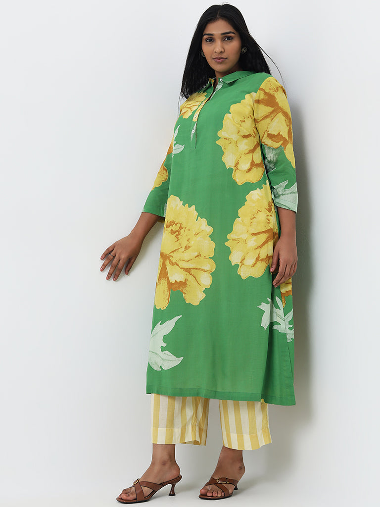 Diza Green Floral Printed A-Line Kurta