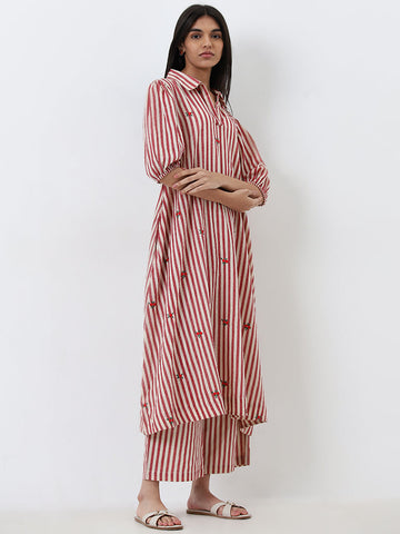 Utsa Red Striped A-Line Cotton Kurta