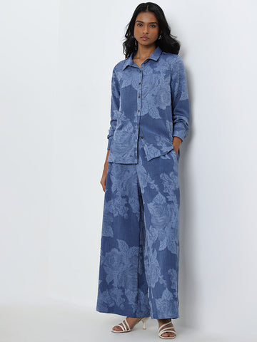 LOV Blue Floral Design High-Rise Palazzos