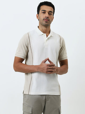 WES Casuals Beige Striped Relaxed-Fit Cotton-Blend Polo T-Shirt
