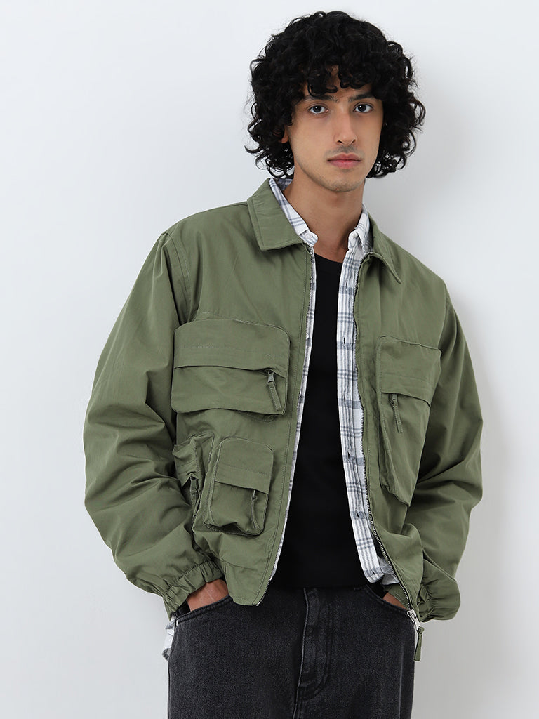 Nuon Olive Cargo-Style Relaxed-Fit Cotton Blend Jacket