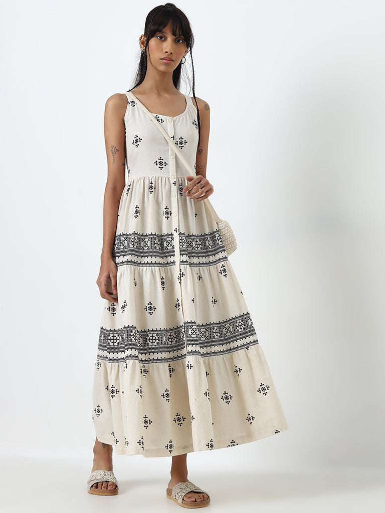 Bombay Paisley Off-White Printed Tiered Cotton Blend Dress