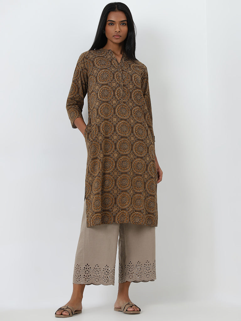 Utsa Brown Printed Straight Cotton Kurta