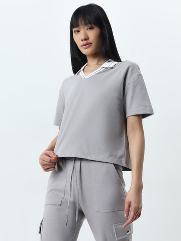 Studiofit Grey Waffle-Textured Cotton T-Shirt