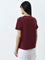 Studiofit Maroon Text Embroidered Cotton T-Shirt