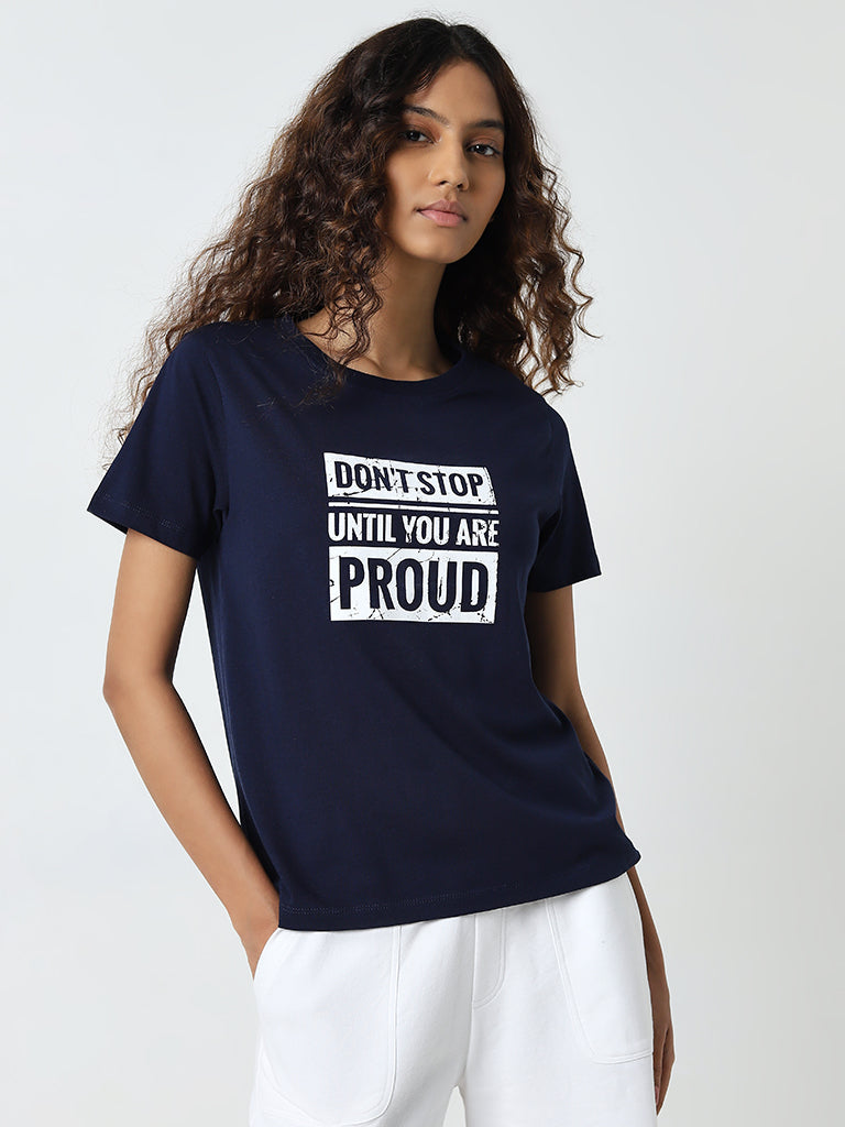 Studiofit Navy Text Design Cotton T-Shirt