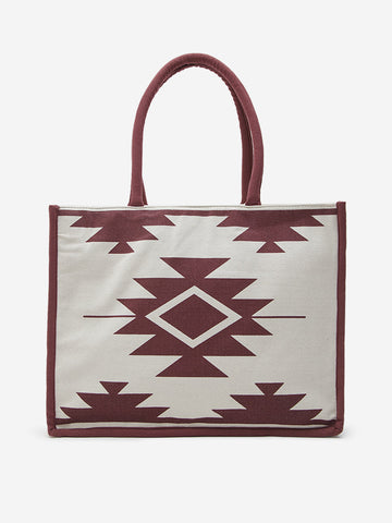 Westside Accessories Beige & Maroon Geometric Printed Tote Bag