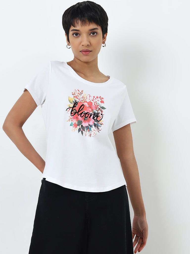 LOV White Floral Printed Cotton T-Shirt