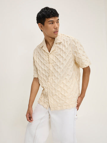 Nuon Light Beige Self-Textured Relaxed-Fit Cotton Shirt