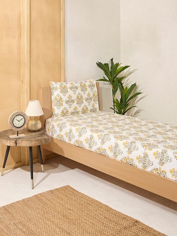 Westside Home Olive Floral Printed Single Bed Fitted Sheet and Pillowcase Set