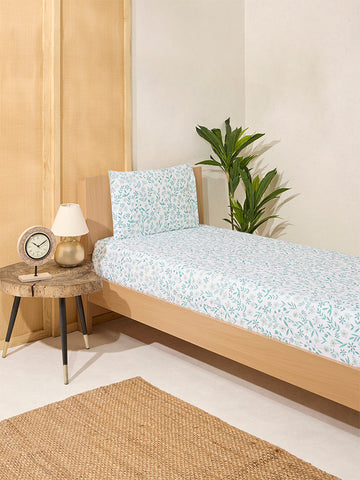 Westside Home Blue Floral Design Single Bed Flat Sheet and Pillowcase Set