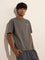 Studiofit Grey Text Print Relaxed-Fit Cotton-Blend T-Shirt