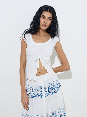 Bombay Paisley White Floral Embroidered Cotton Top