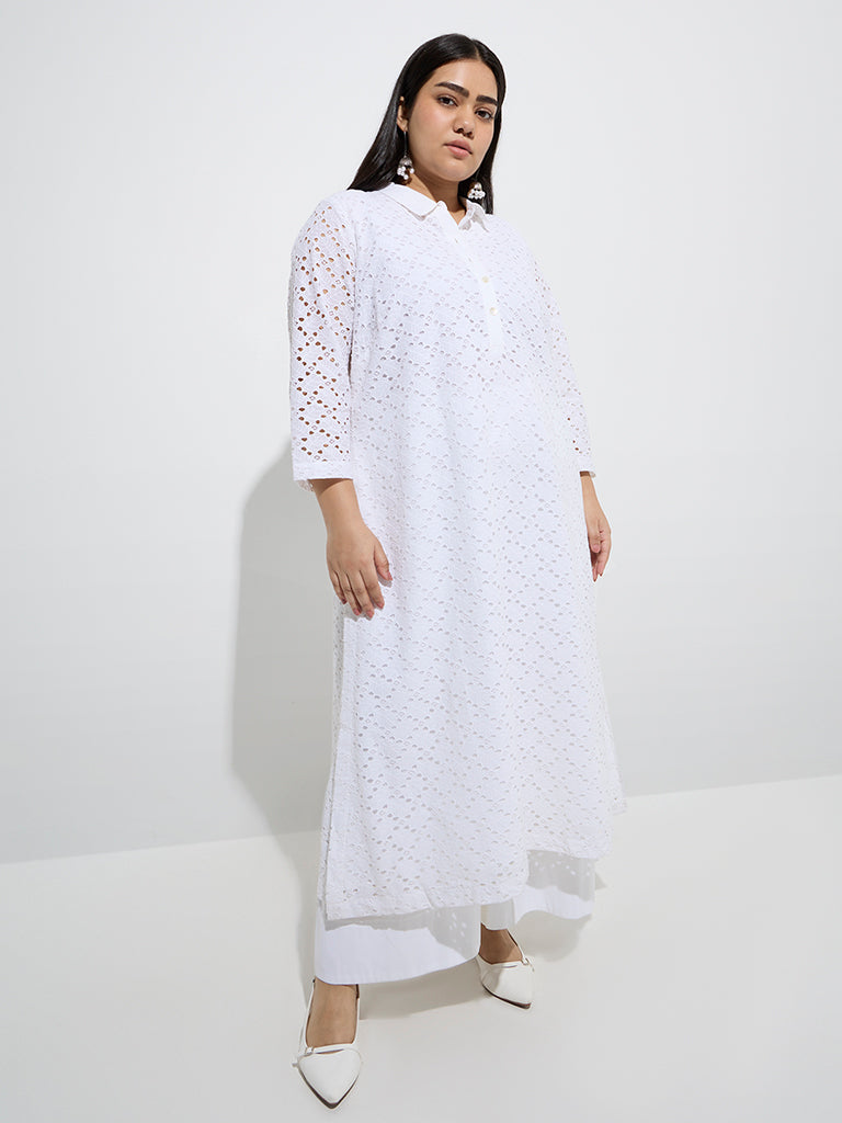 Diza White Schiffli Embroidered A-Line Cotton Kurta