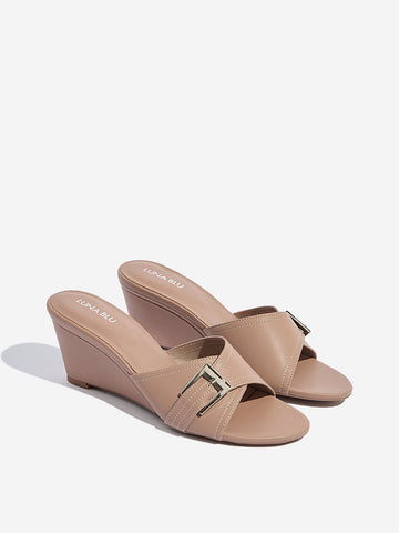 LUNA BLU Brown Buckle-Detailed Wedge-Heel Sandals