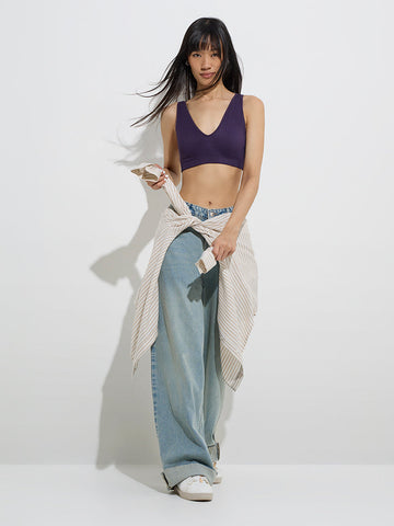 Superstar Purple Ribbed Padded Cotton-Blend Plunge Bra
