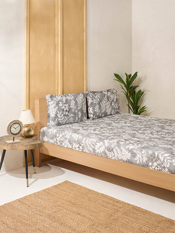 Westside Home Grey Foliage Printed Double Bed Flat Sheet and Pillowcase Set