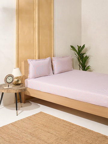 Westside Home Pink Gingham Checkered King Bed Fitted Sheet and Pillowcase Set