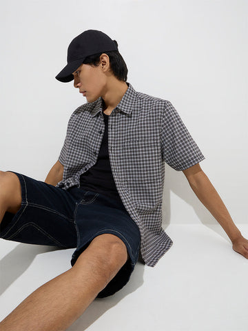 Nuon Black Checkered Design Relaxed-Fit Cotton-Blend Shirt