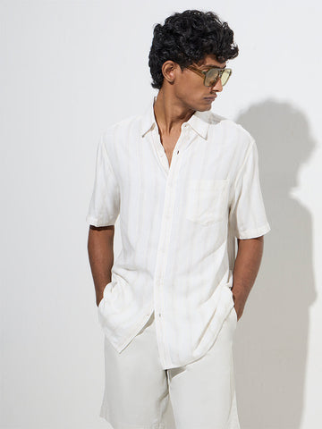 WES Casuals Off-White Striped Relaxed-Fit Cotton-Blend Shirt