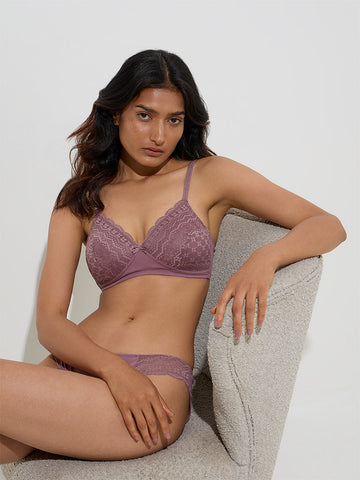 Wunderlove Mauve Lace-Detailed Cotton-Blend Bra