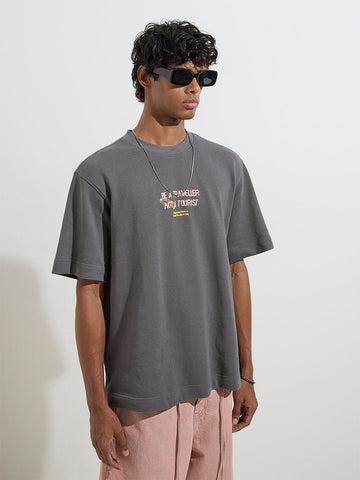 Nuon Grey Text Design Relaxed-Fit Cotton T-Shirt