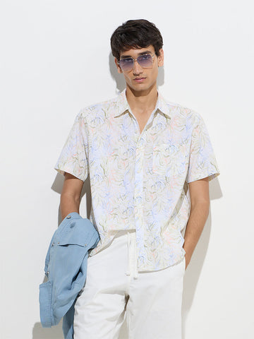 WES Casuals Off-White Botanical Relaxed-Fit Cotton Shirt