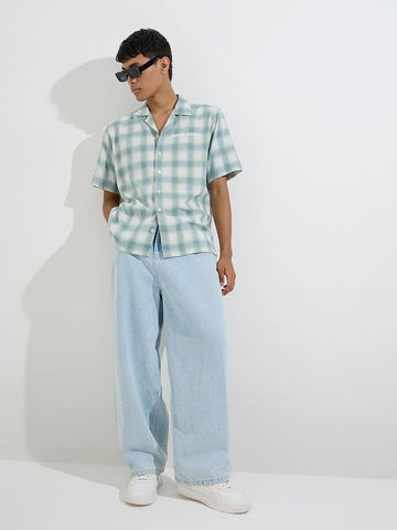 Nuon Teal Checkered Relaxed-Fit Cotton-Blend Shirt