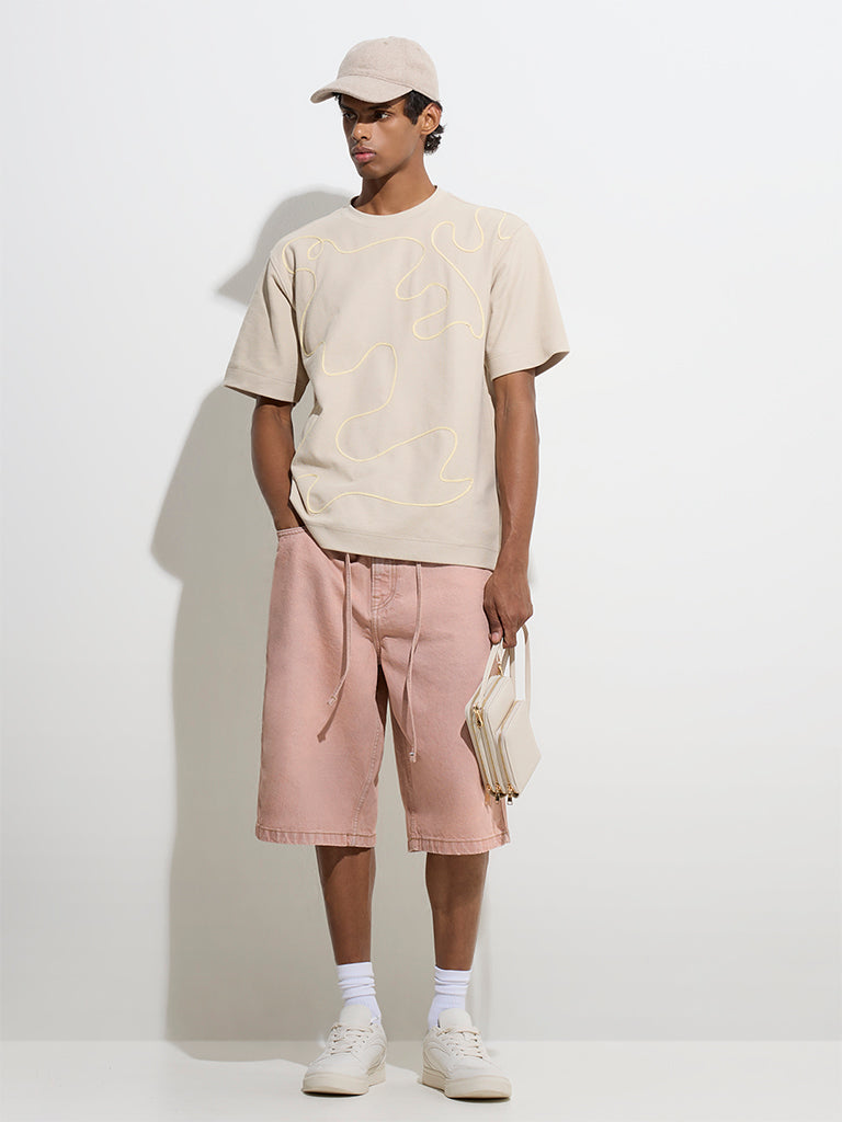 Nuon Beige Abstract Design Relaxed-Fit Cotton T-Shirt