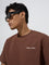 Studiofit Brown Embroidered Relaxed-Fit Cotton-Blend T-Shirt