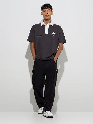 Studiofit Black Solid Relaxed-Fit Cotton-Blend Track Pants