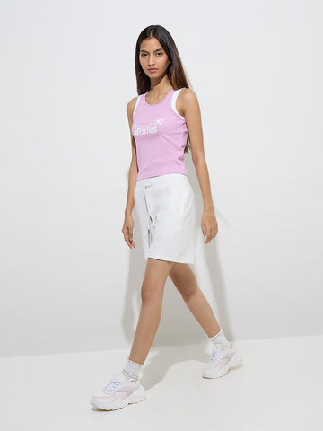 Studiofit Pink Text Design Ribbed Cotton-Blend Tank Top