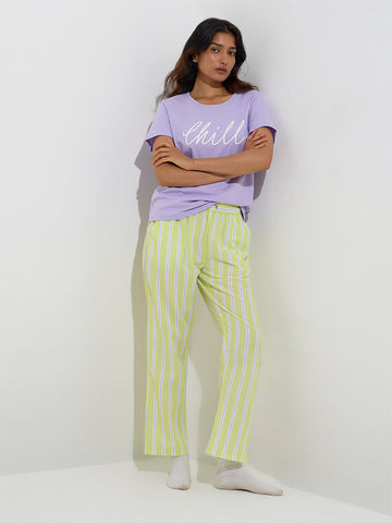 Wunderlove Green Striped High-Rise Cotton Lounge Pants