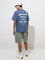 Nuon Dusty Blue Text Printed Relaxed-Fit Cotton T-Shirt