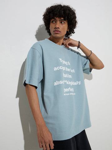 Nuon Blue Typographic Relaxed-Fit Cotton T-Shirt