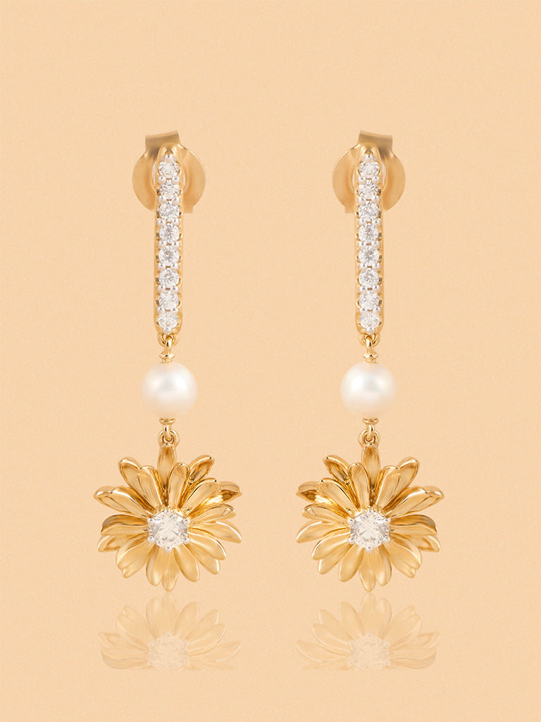 Gold Daisy Pearl Drop Earrings