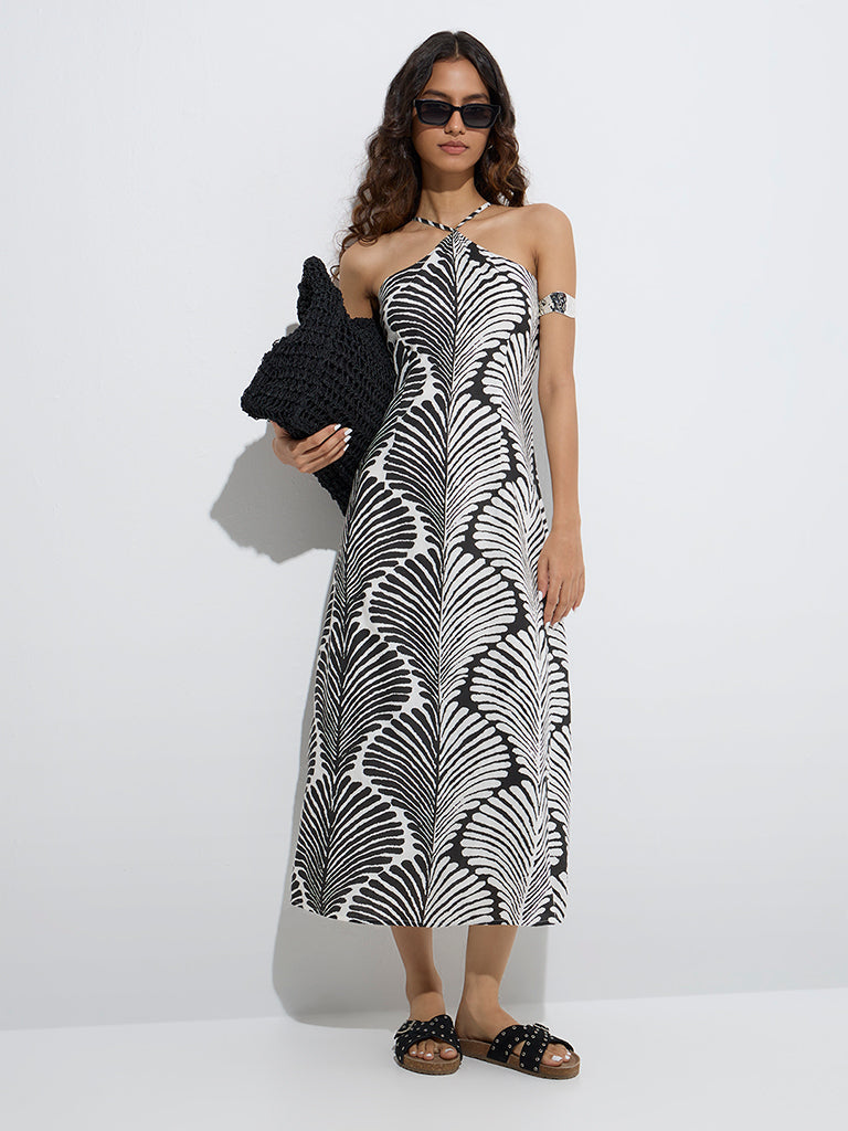 Bombay Paisley Black Leaf Design Cotton A-Line Dress