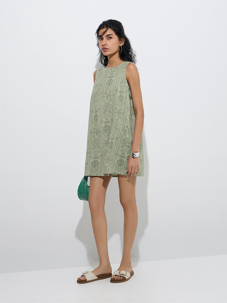 Bombay Paisley Sage Tribal-Inspire Cotton-Blend Shift Dress