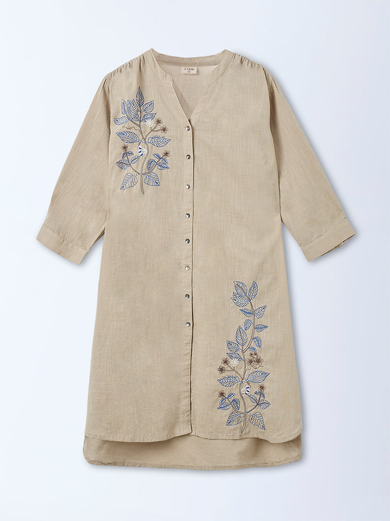 Diza Beige Botanical Embroidered Cotton Straight Kurta
